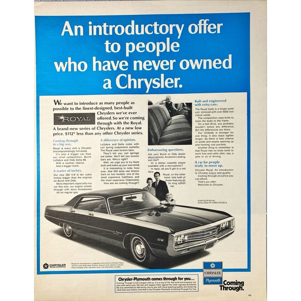 Chrysler Plymouth Royal "Introductory Offer to New Customers" Vtg Print Ad 1970